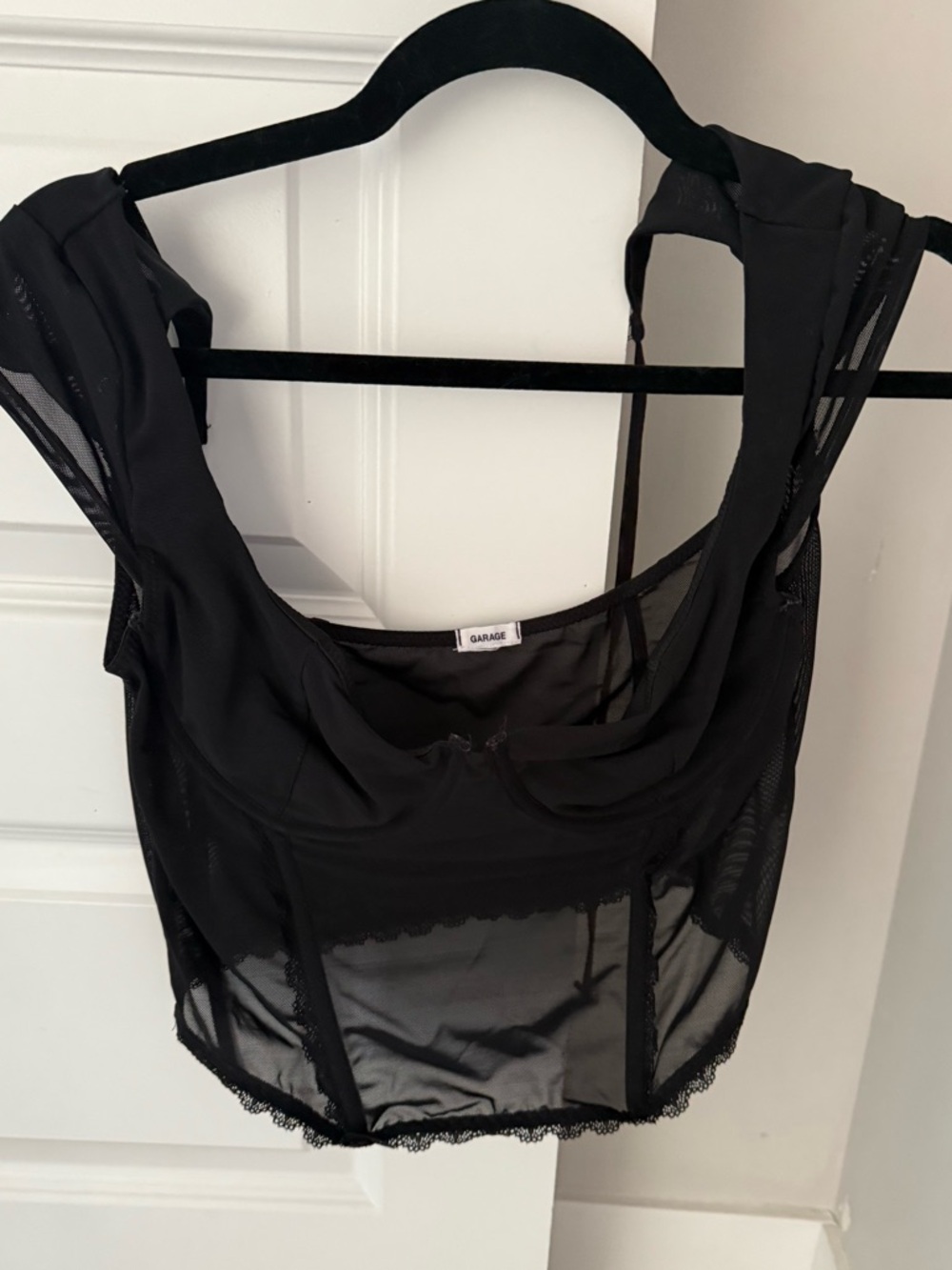 Garage Black Sheer Lace-Trim Going Out Top